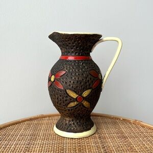 Vintage MCM Carved Floral Italian Pottery Pitcher Vase